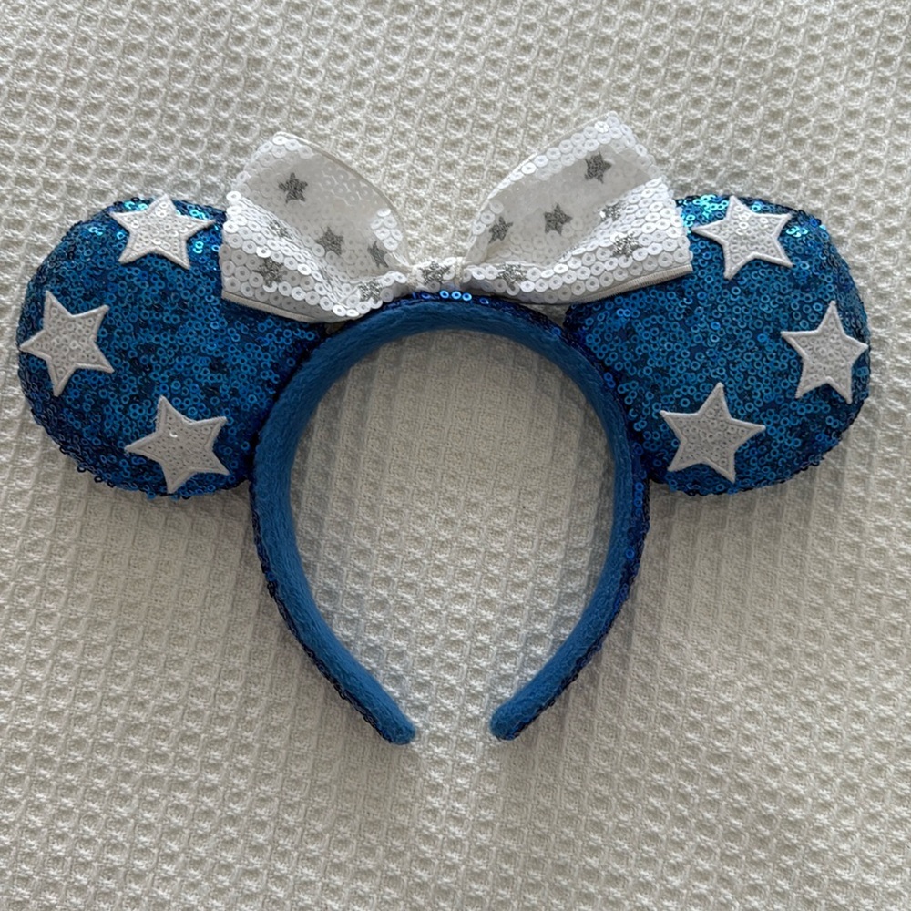 Disney Parks Blue Patriotic Glitz Minnie Mouse Ears Headband with Bow